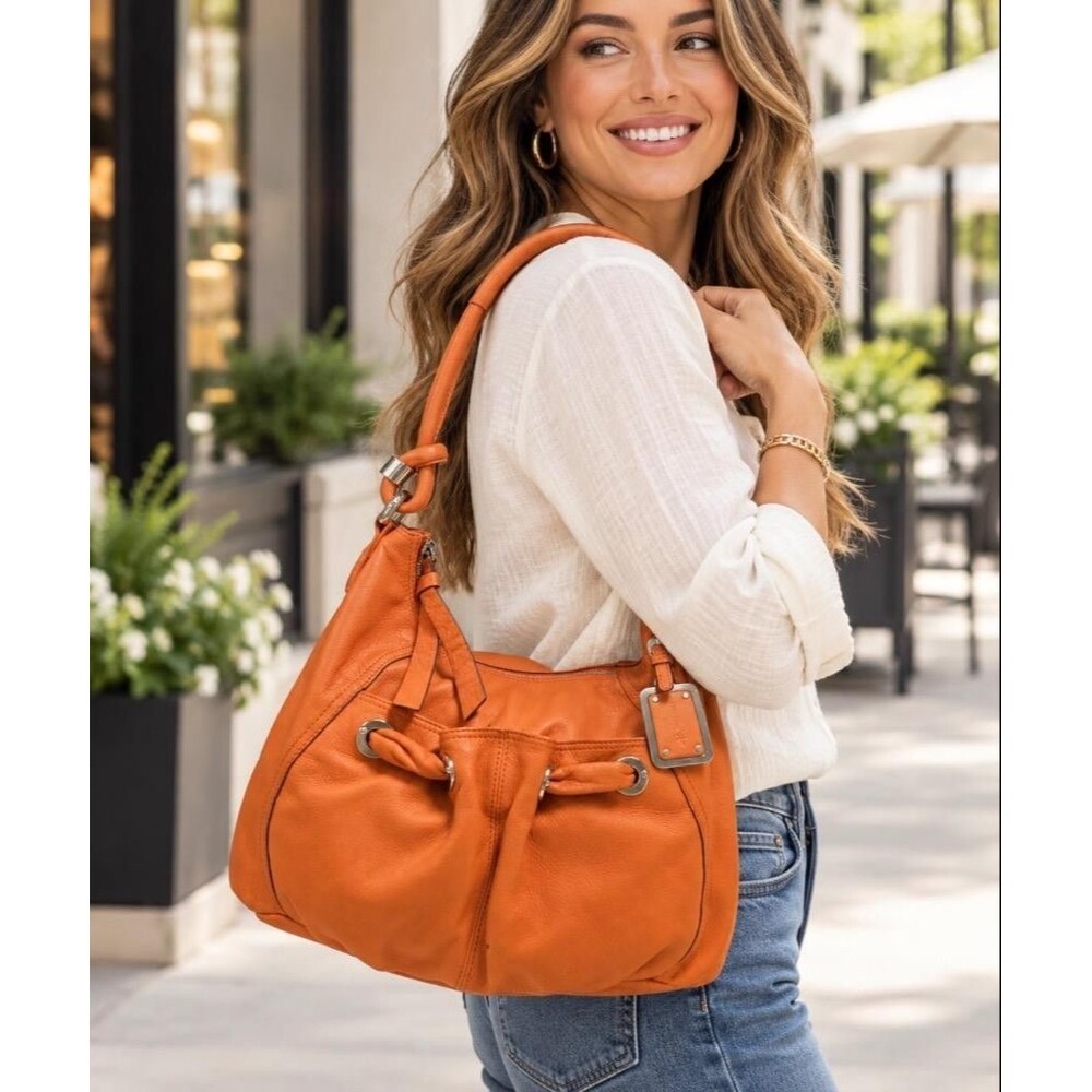 B Makowsky Leather Hobo Shoulder Bag Orange Cognac Smooth Strap A95519